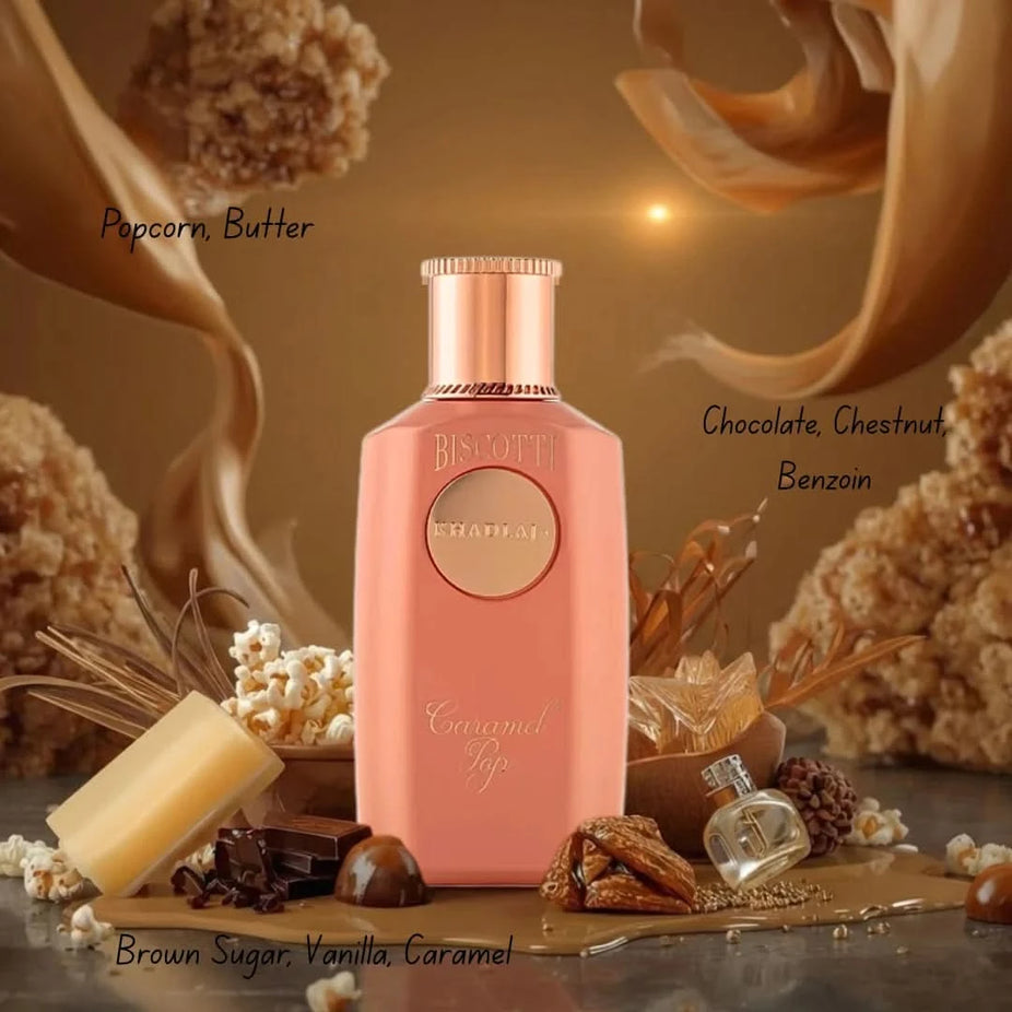 Khadlaj Biscotti Melon Misk, Date Toffee & Caramel Pop Eau de Parfum bundle showing three 100ml spray bottles with elegant packaging