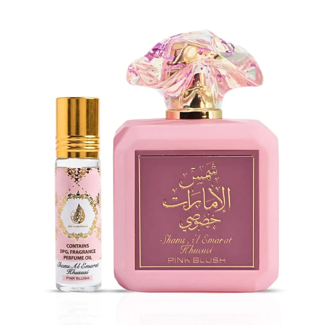 Ard Al Zaafaran Pink Blush Shams Al Emarat perfume bundle with 100ml spray and 10ml roll-on oil, featuring elegant floral packaging.