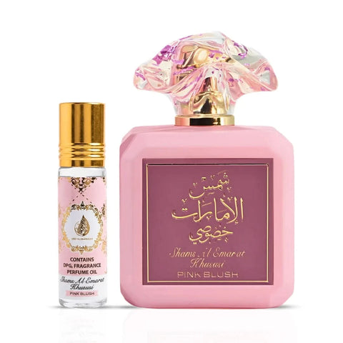 Ard Al Zaafaran Pink Blush Shams Al Emarat perfume bundle with 100ml spray and 10ml roll-on oil, featuring elegant floral packaging.