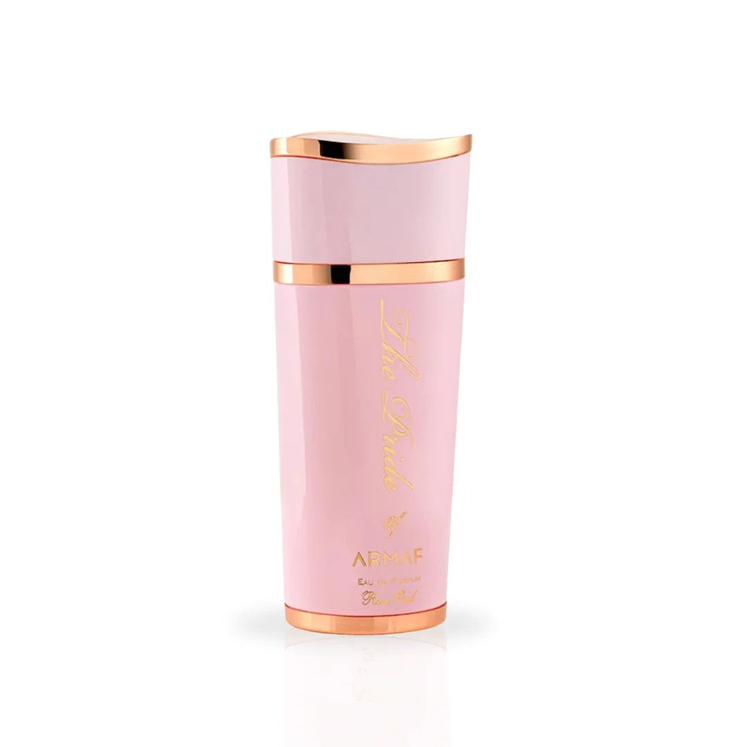 Armaf Pride of Armaf Rose Oud Femme Eau De Parfum spray 100ML with velvet pouch, featuring a floral and oud fragrance bottle.