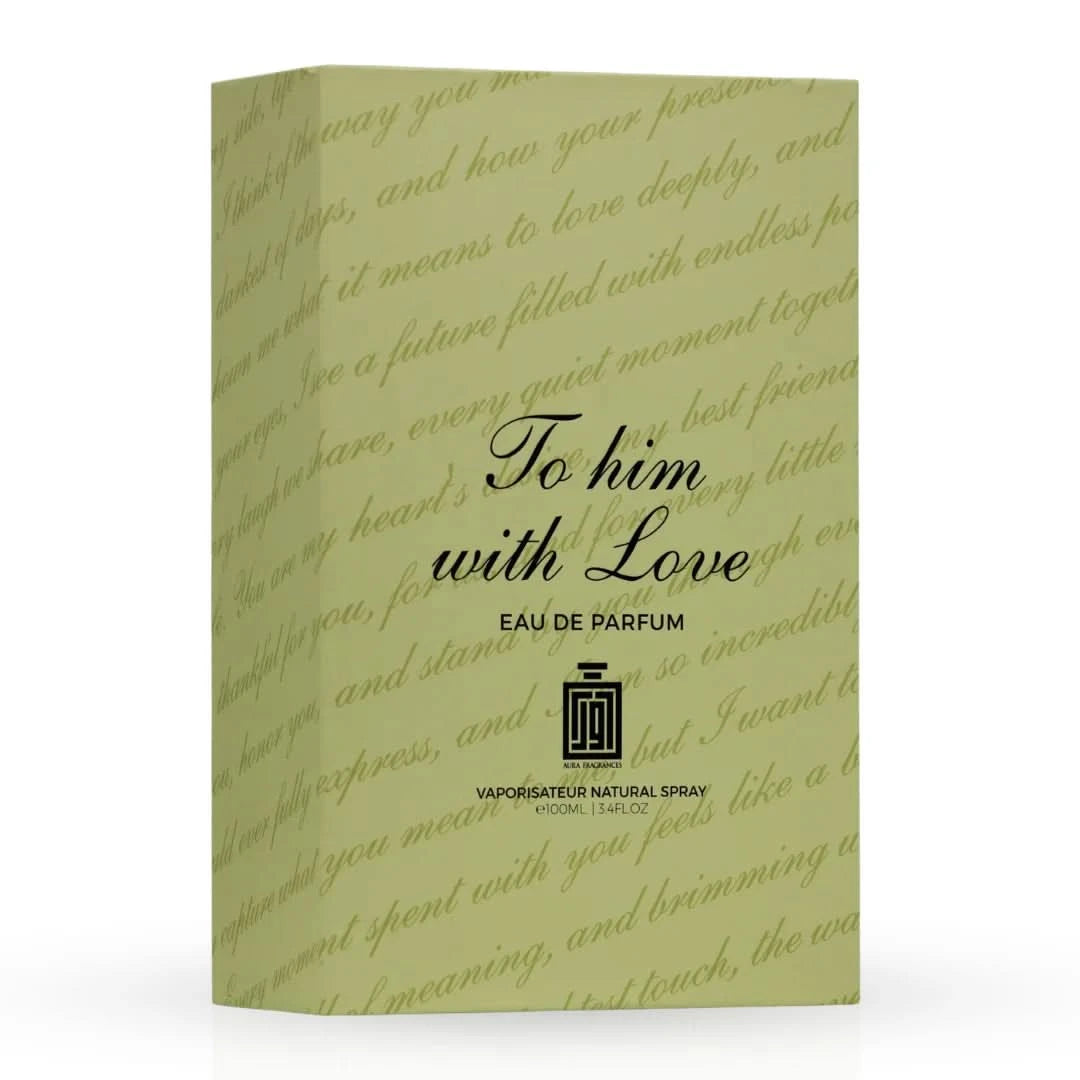 Aura Fragrances To Him With Love Eau De Parfum spray bottle, 100ml, with elegant packaging and fragrance details visible.