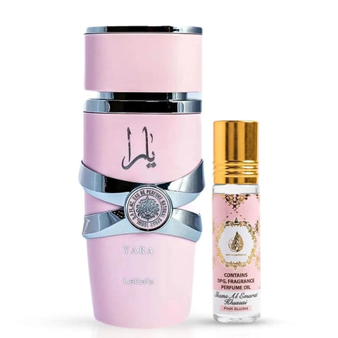 Bundle of Lattafa Yara Eau De Parfum spray and Ard Al Zaafaran Pink Blush Shams Al Emarat roll-on perfume oil.