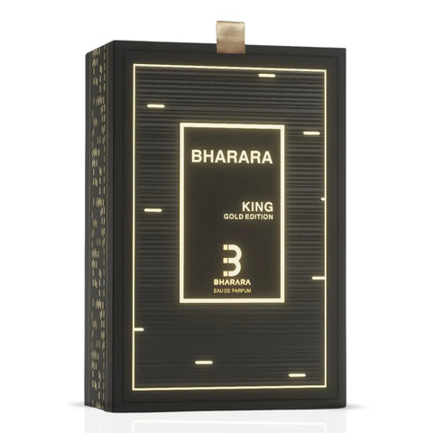 Bharara King Gold Edition Eau de Parfum spray bottle, 100ml, with luxurious gold packaging and elegant design.