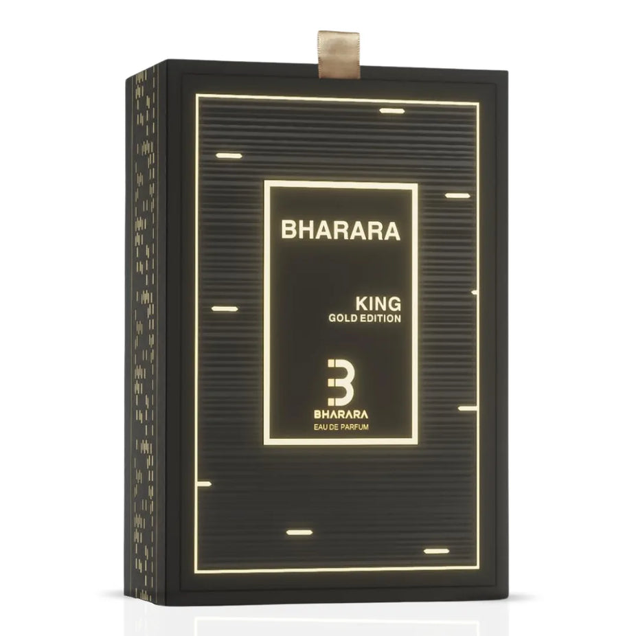 Bharara King Gold Edition Eau de Parfum spray 100ml bottle with elegant gold accents and black cap, luxurious fragrance packaging.