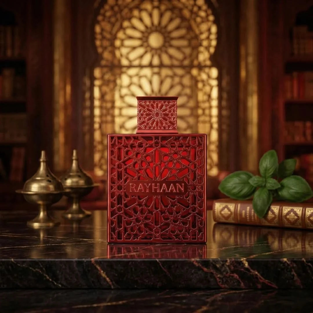 Rayhaan Crimson Eau de Parfum Spray 100ml bottle with sleek design and red accents, showcasing the Rayhaan brand fragrance.