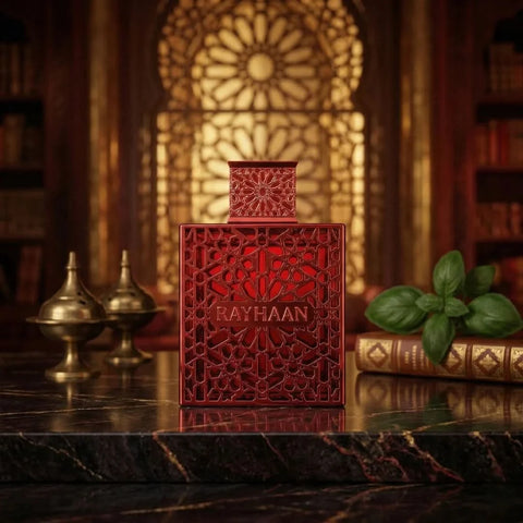 Rayhaan Crimson Eau de Parfum Spray 100ml bottle with sleek design and red accents, showcasing the Rayhaan brand fragrance.