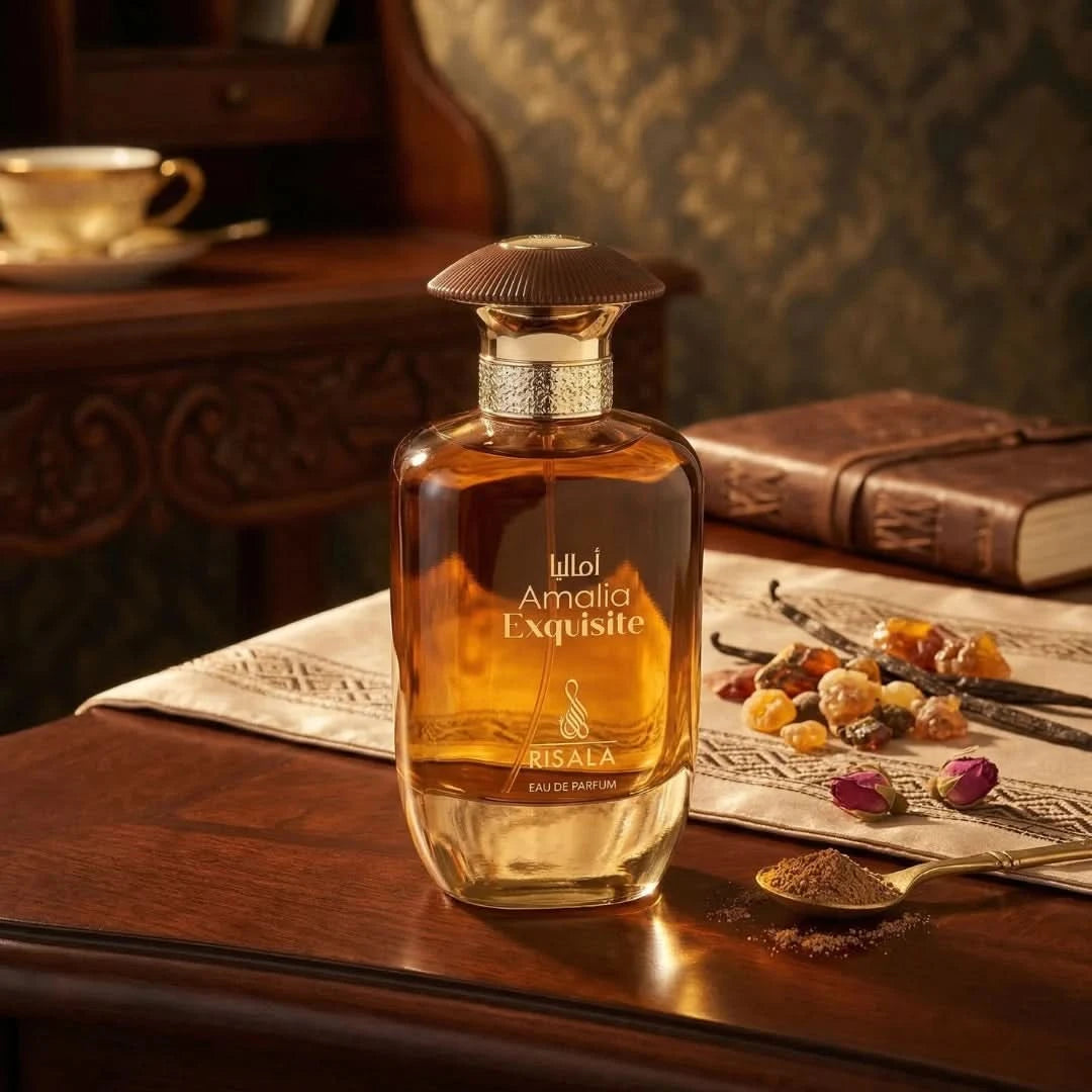 Amalia Exquisite Eau De Parfum spray by Elite Risala, 100ml, showing elegant perfume bottle with gold accents.