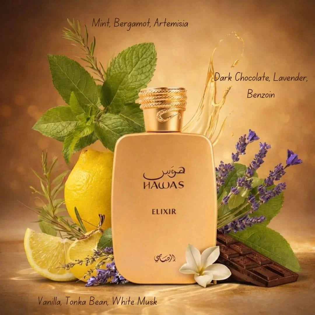 Rasasi Hawas Elixir and Hawas For Her Eau de Parfum spray bundle, 100ml, featuring elegant perfume bottles with floral and fresh notes.