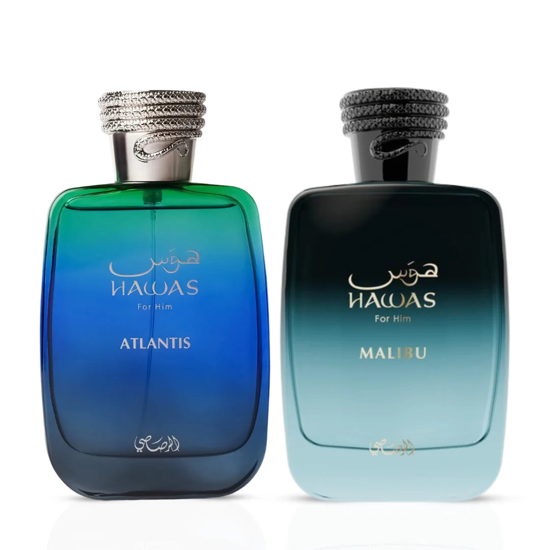 Rasasi Hawas Atlantis and Hawas Malibu Eau de Parfum sprays in 100ml bottles, bundled together with sleek packaging.