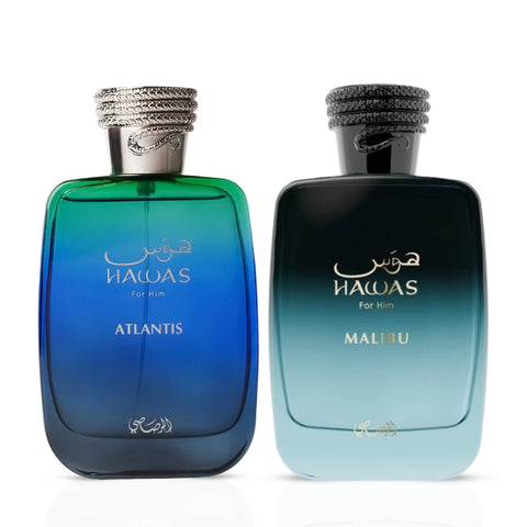 Rasasi Hawas Atlantis and Hawas Malibu Eau de Parfum sprays in 100ml bottles, bundled together with sleek packaging.