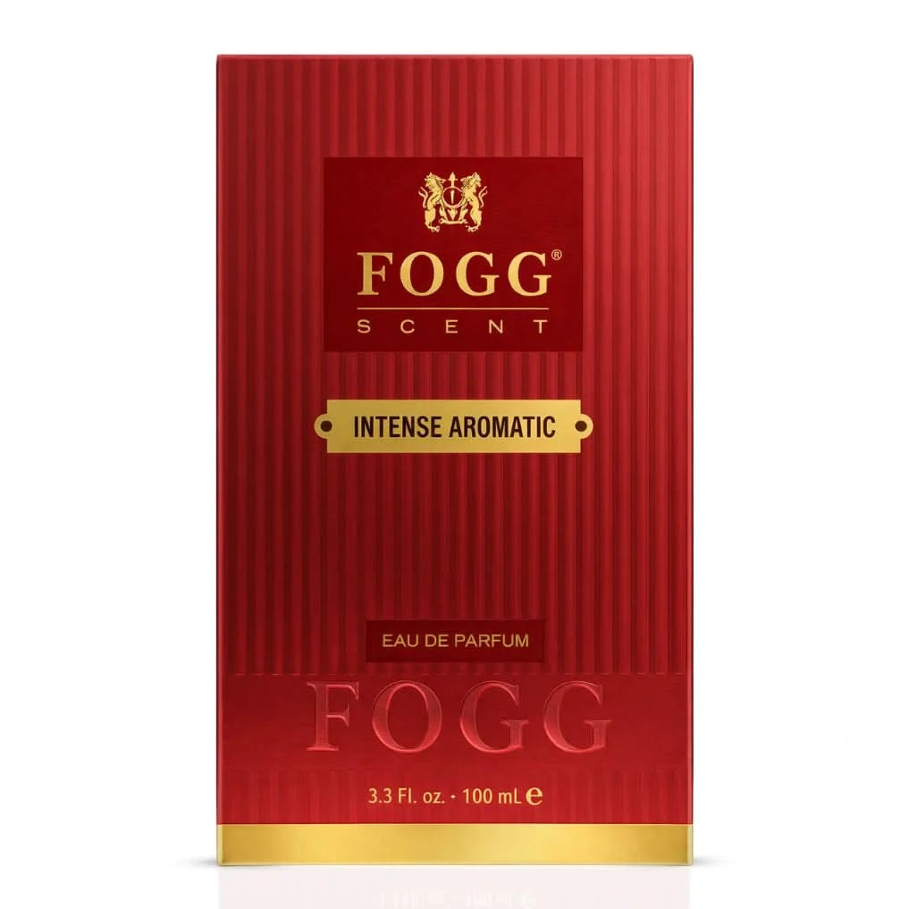 Fogg Intense Aromatic Men Eau de Parfum spray bottle, 100ml, with sleek design and label visible.
