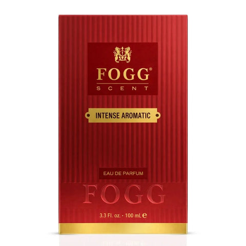 Fogg Intense Aromatic Men Eau de Parfum spray bottle, 100ml, with sleek design and label visible.