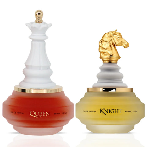 Armaf Checkmate White Knight & Queen Eau De Parfum spray bundle, 100ml bottles showcasing elegant perfume bottles and packaging.