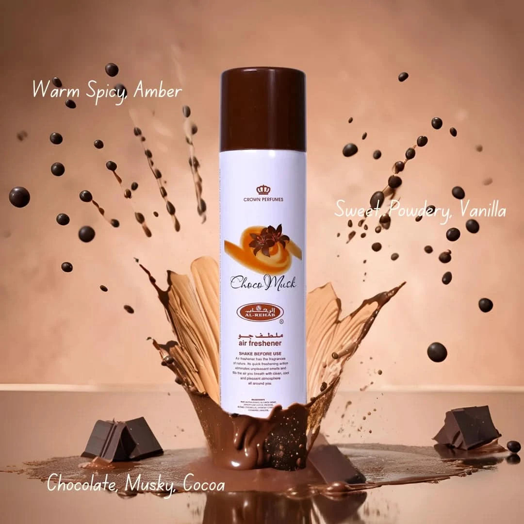 Al Rehab Choco Musk air freshener bundle with marshmallow and pistachio scents, 300ml bottles, natural and fresh fragrance display