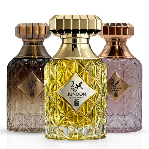 Aura Fragrances Junoon Desire, Romance, and Extreme Eau De Parfum spray bundle in 100ml bottles, featuring elegant bottle designs.