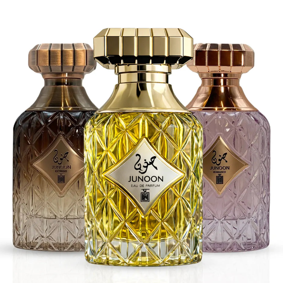 Aura by Aura Junoon Desire, Romance, and Extreme Eau De Parfum spray bundle, 100ml bottles with elegant packaging.