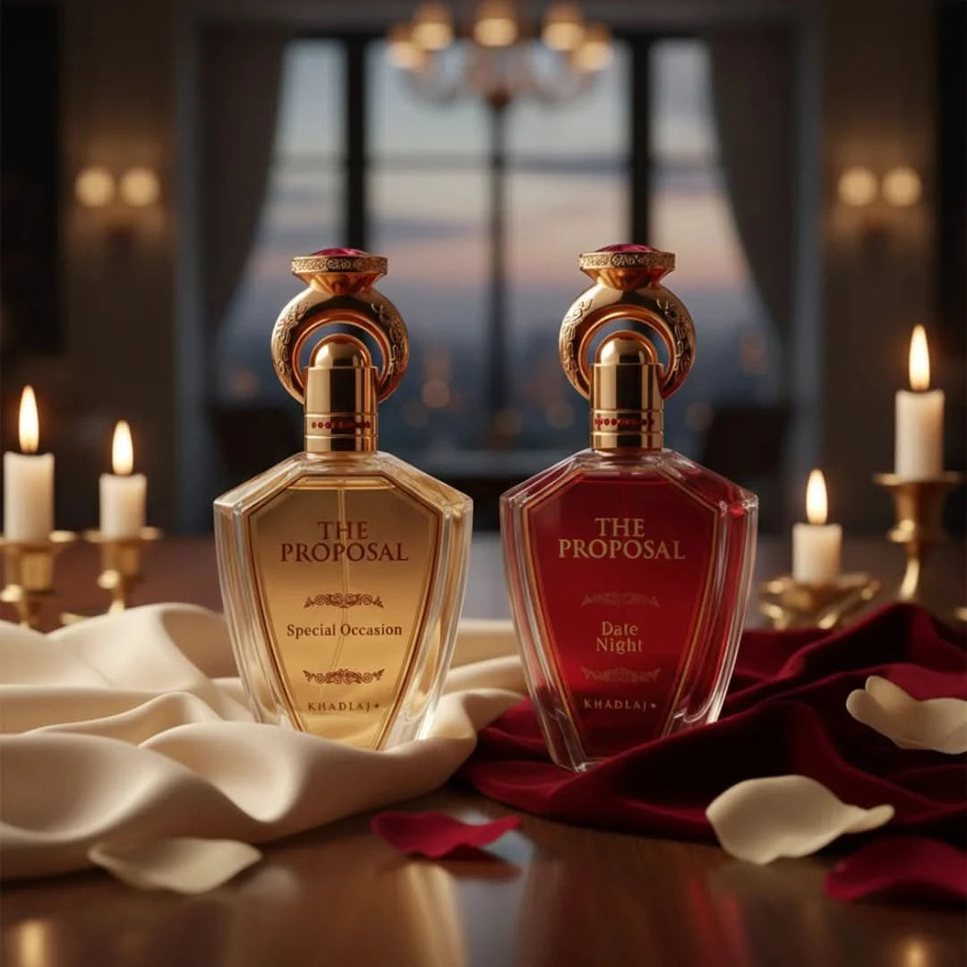 Khadlaj The Proposal special occasion and date night Eau de Parfum spray bundle, 100ml, featuring elegant perfume bottles.