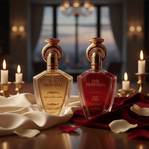 Khadlaj The Proposal special occasion and date night Eau de Parfum spray bundle, 100ml, featuring elegant perfume bottles.