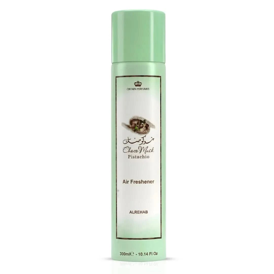 Al Rehab Choco Musk Pistachio air freshener 300ml bottle with a sleek design, emitting a warm, inviting fragrance.
