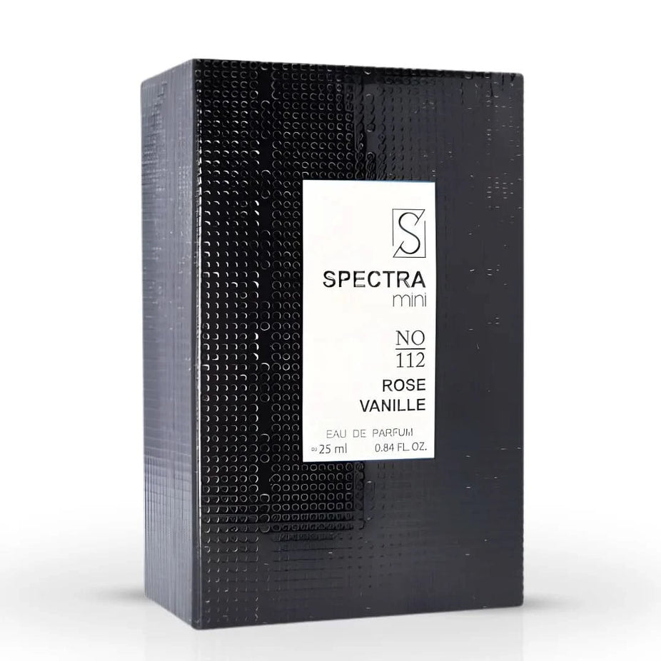 Spectra Mini Rose Vanille No. 112 Eau De Parfum spray 25ml with floral and vanilla notes, displayed in a clear glass bottle.
