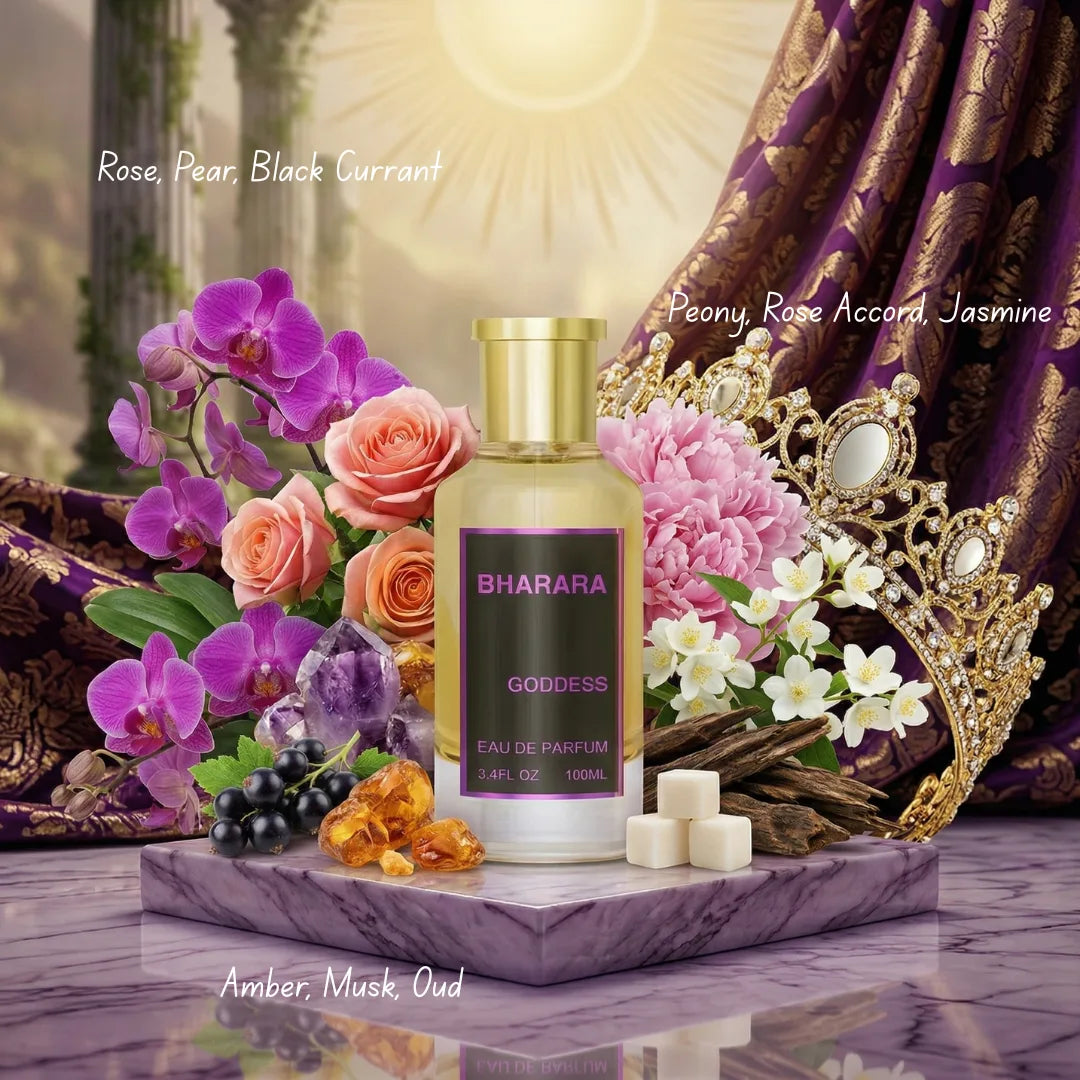 Bharara Goddess Eau de Parfum Spray 100ml with elegant bottle, showcasing floral and oriental fragrance notes.