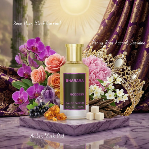 Bharara Goddess Eau de Parfum Spray 100ml with elegant bottle, showcasing floral and oriental fragrance notes.
