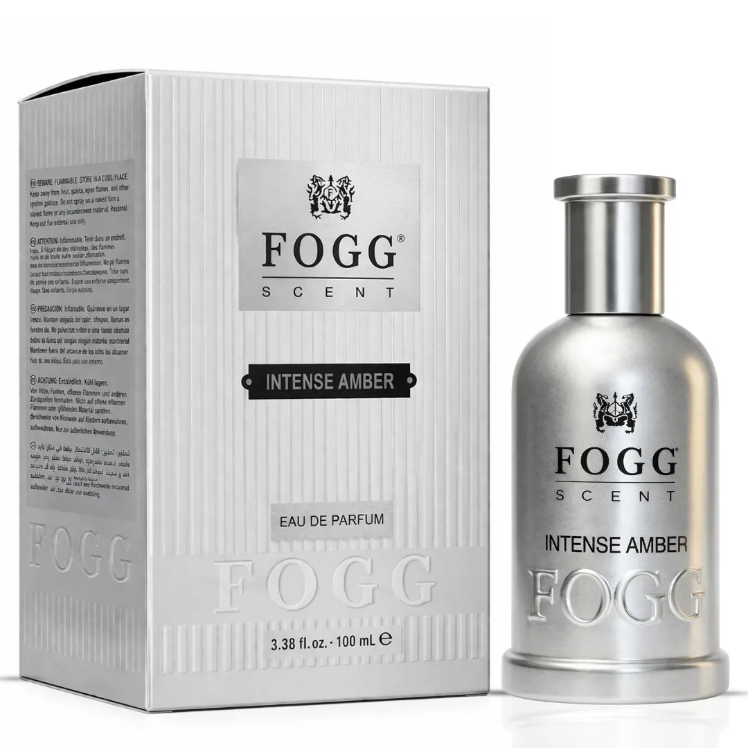 Fogg Intense Amber for Men Eau de Parfum spray, 100ml bottle with amber-colored liquid and sleek packaging.