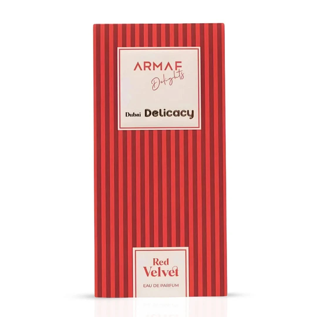 Dubai Delicacy Red Velvet Eau de Parfum Spray by Armaf, 70ml, featuring a luxurious red velvet bottle and elegant fragrance details.