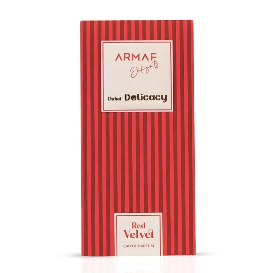 Dubai Delicacy Red Velvet Eau de Parfum Spray by Armaf, 70ml, featuring elegant red velvet-inspired bottle design.