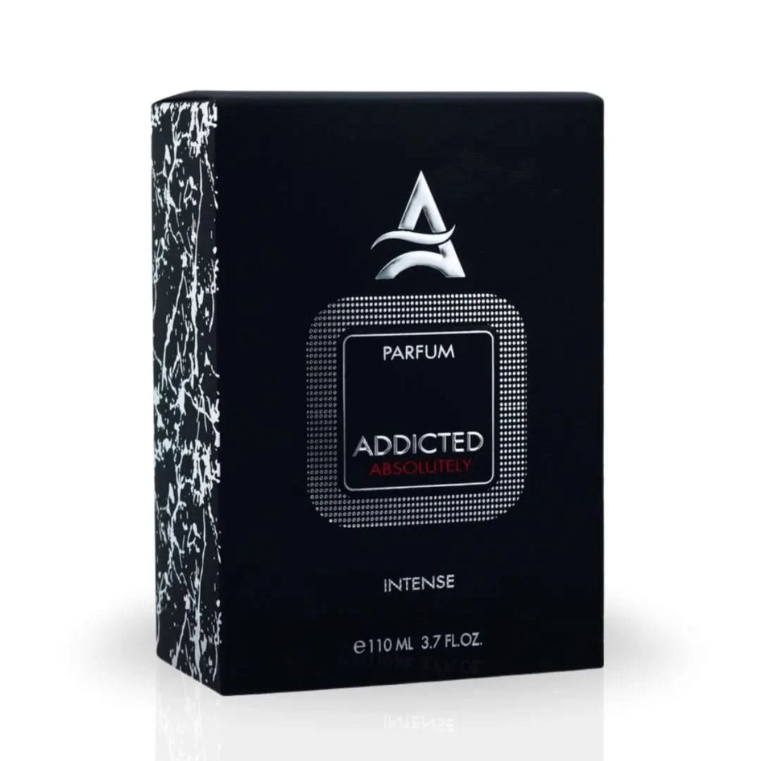 Addicted Absolutely Intense Eau de Parfum spray by Hamidi, 110ml bottle, sleek design with elegant branding and a luxurious fragrance.