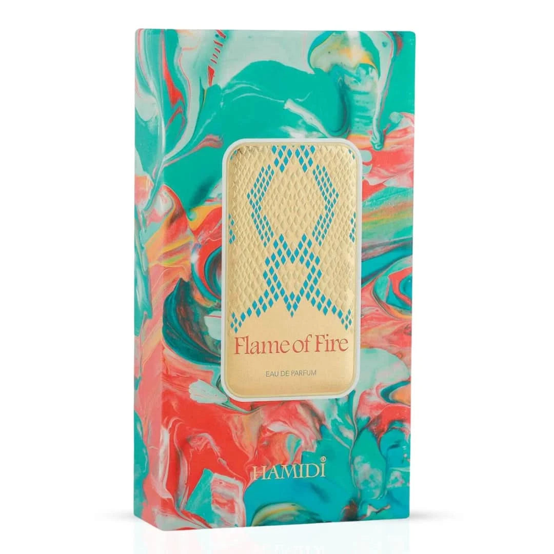 Hamidi Flame Of Fire Eau De Parfum spray 100ml with a sleek bottle, showcasing vibrant fiery design and elegant packaging.