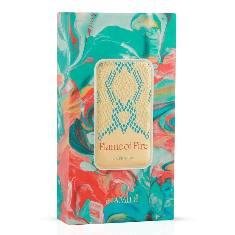 Hamidi Flame Of Fire Eau De Parfum spray 100ml bottle, elegant design, showcasing the luxurious fragrance packaging.