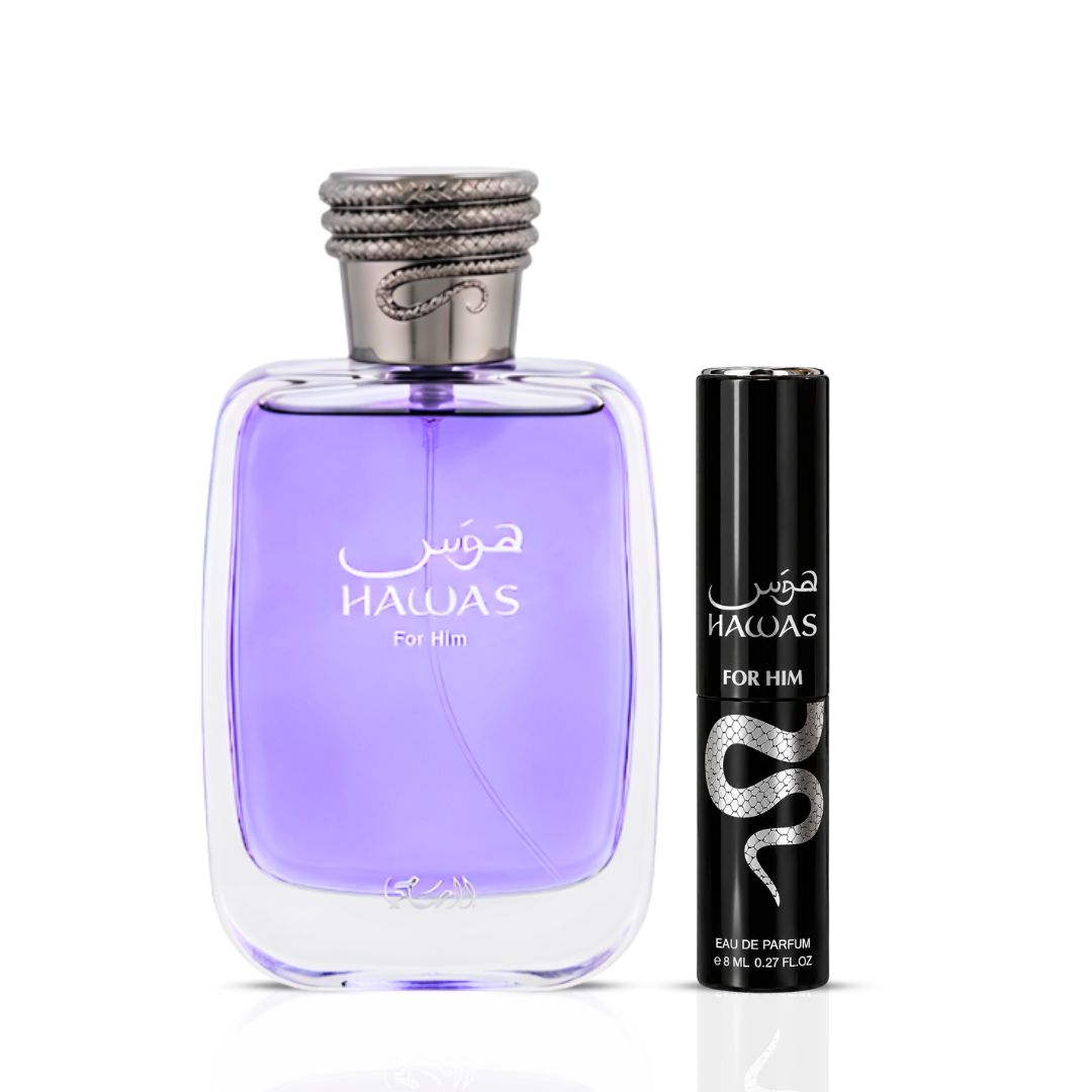 Rasasi Hawas 2-piece perfume travel gift set with 100ml and 8ml Eau de Parfum bottles