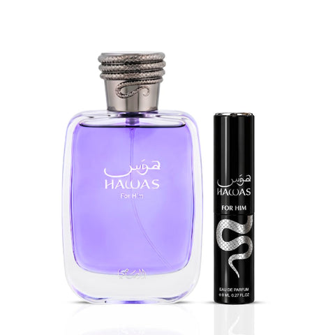 Rasasi Hawas 2-piece perfume travel gift set with 100ml and 8ml Eau de Parfum bottles