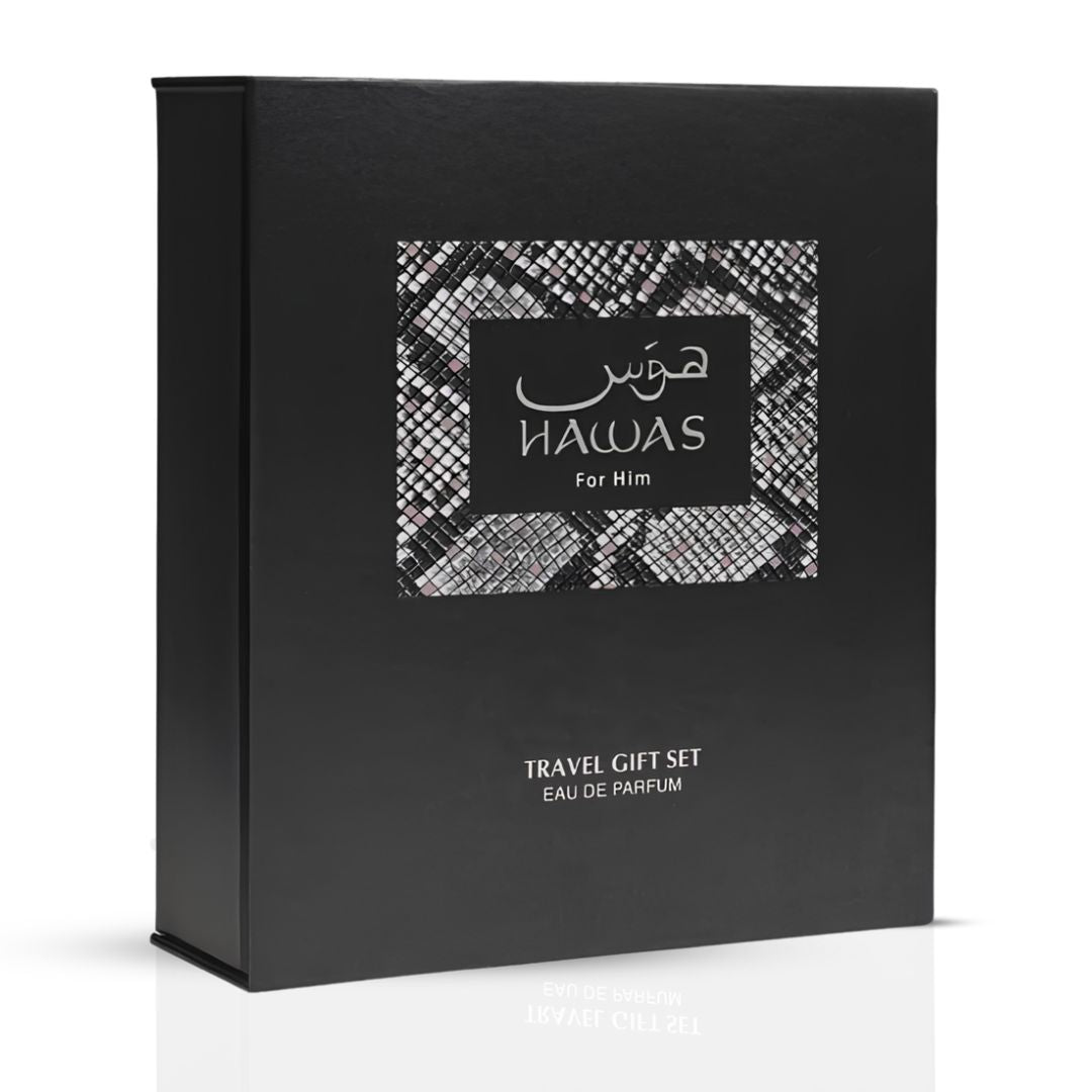Rasasi Hawas 2-piece perfume travel gift set with 100ml and 8ml eau de parfum bottles