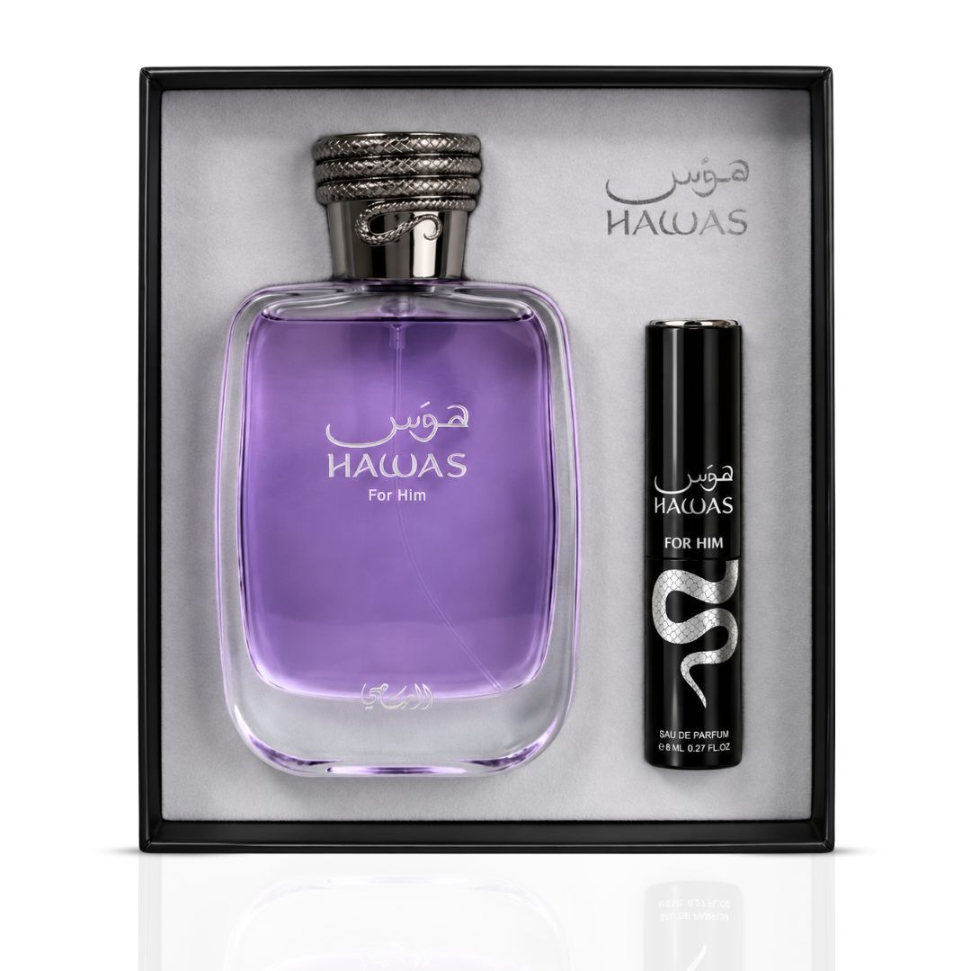 Rasasi Hawas 2-piece perfume travel gift set with 100ml and 8ml Eau de Parfum bottles