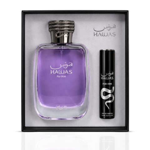 Rasasi Hawas 2-piece perfume travel gift set with 100ml and 8ml Eau de Parfum bottles