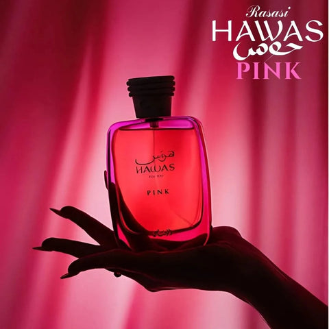 Rasasi Hawas Pink for Her Eau de Parfum Spray 100ml bottle and packaging