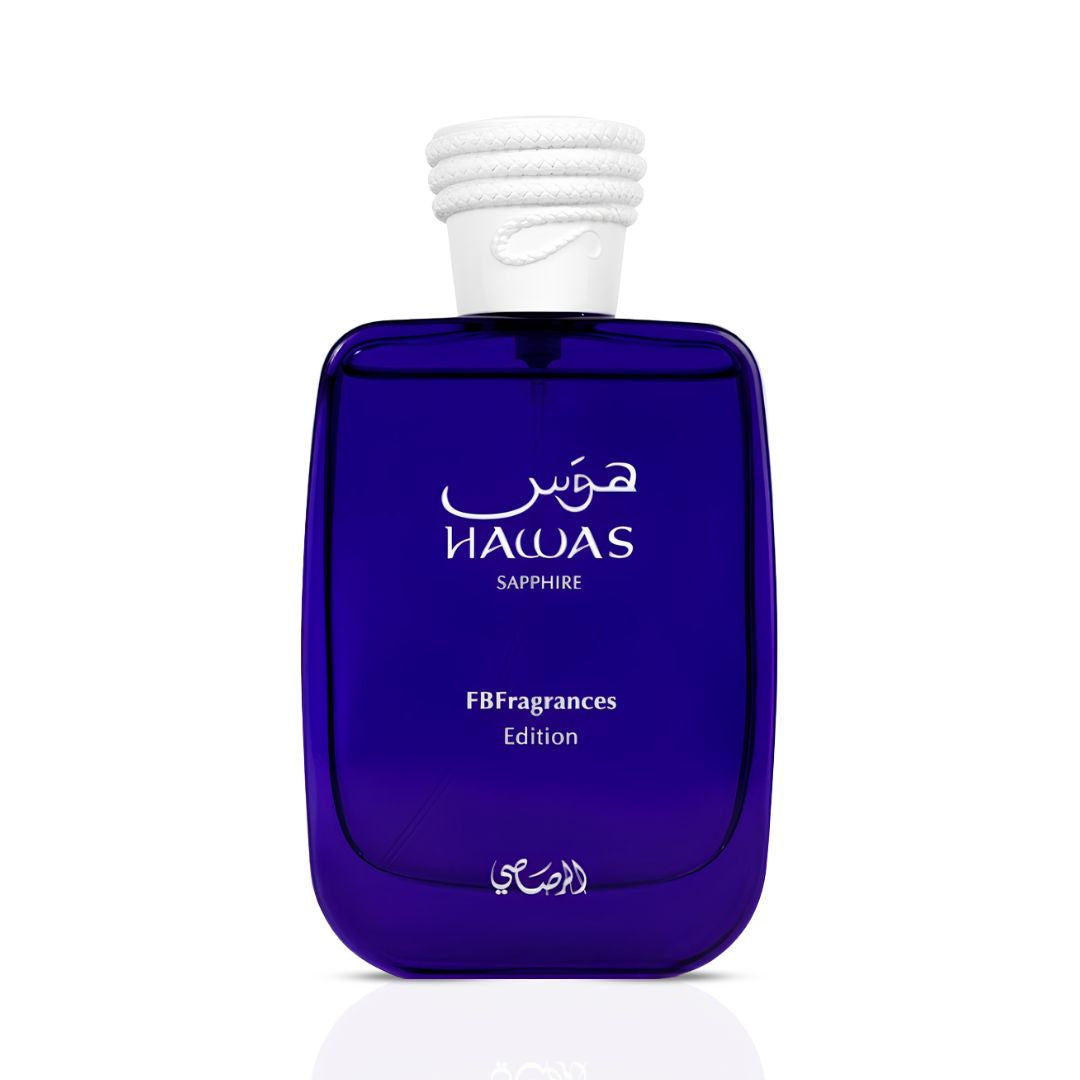 Rasasi Hawas Sapphire X FBFragrances Edition Eau de Parfum spray 100ml bottle and packaging