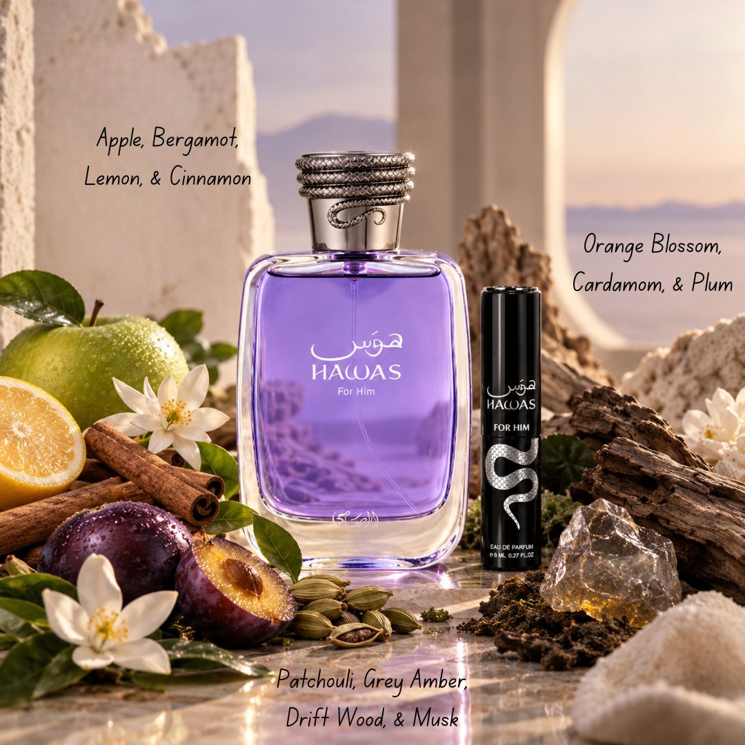 Rasasi Hawas 2-piece perfume travel gift set with 100ml and 8ml Eau de Parfum bottles