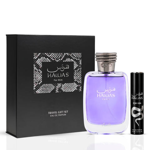 Rasasi Hawas 2-piece perfume travel gift set with 100ml and 8ml Eau de Parfum bottles