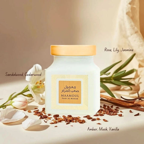 Rasasi Maamoul Saab Al Maram Bakhoor 150g in a decorative container