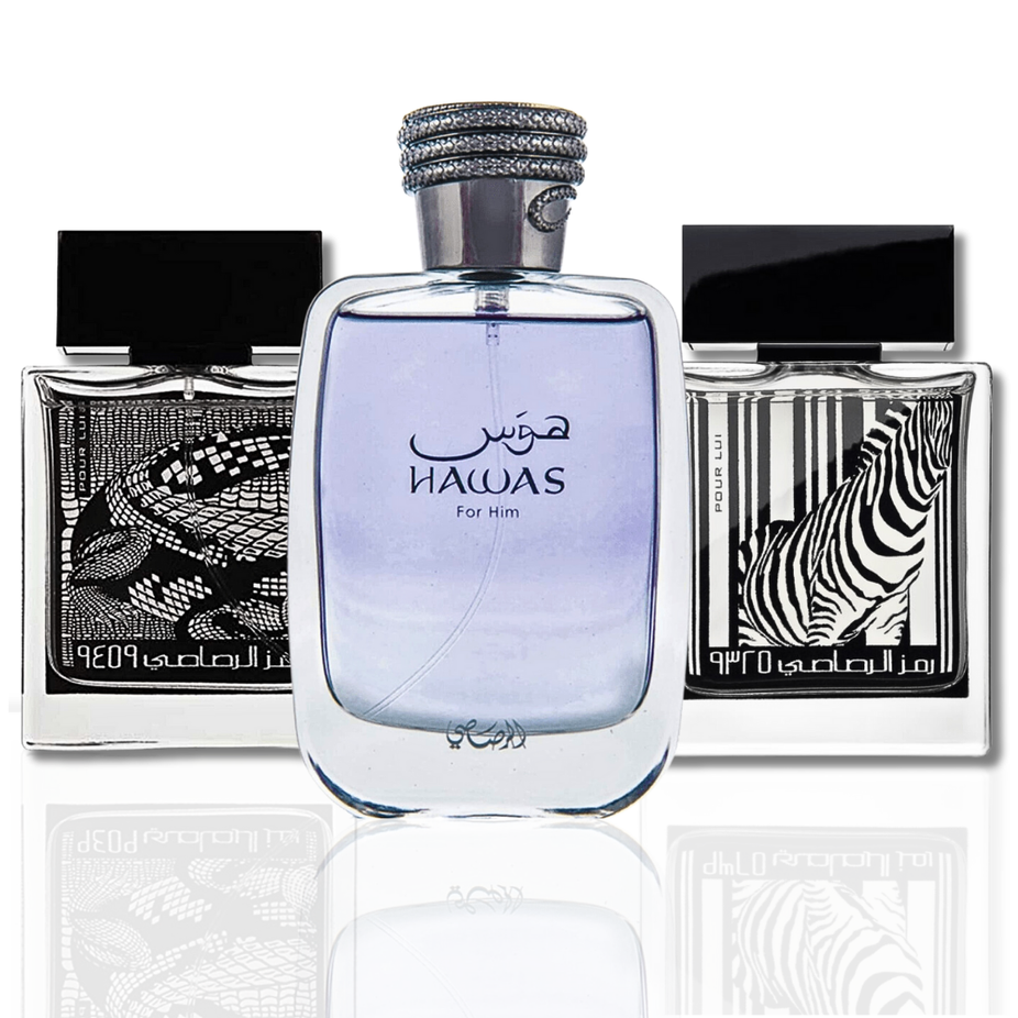 Rasasi Hawas for Him EDP 100ML, Rumz Zebra and Rumz Alligator EDP 50ML bundle, premium signature men's fragrances.