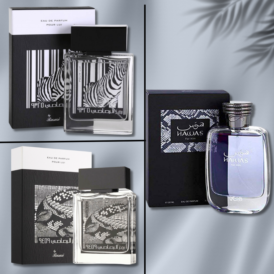 Rasasi Hawas For Him EDP 100ML, Rumz Zebra & Rumz Alligator EDP 50ML men's fragrance bundle with signature scents.