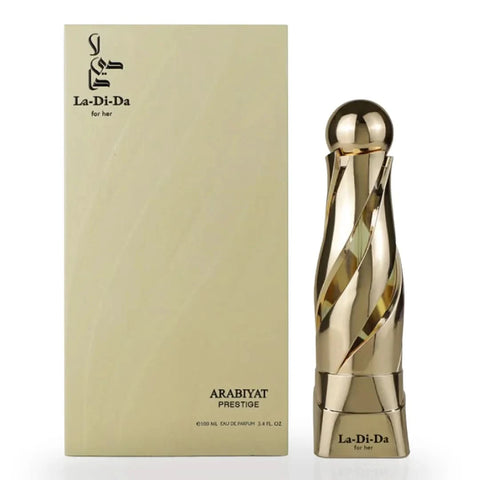 Arabiyat Prestige La-Di-Da Eau de Parfum spray 100ml, elegant fragrance bottle with floral and woody notes, Arabiyat brand.