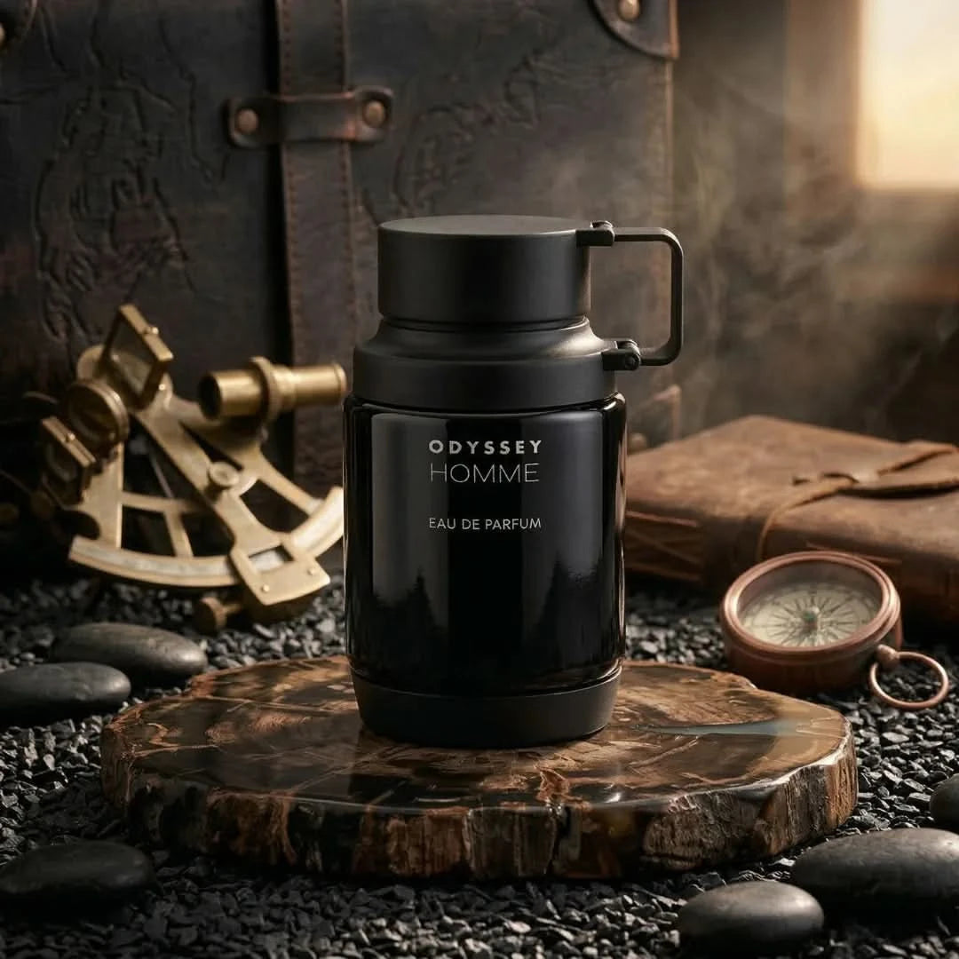 Odyssey Homme Black Eau de Parfum spray by Armaf, 200ml bottle, sleek black packaging, designed for men.
