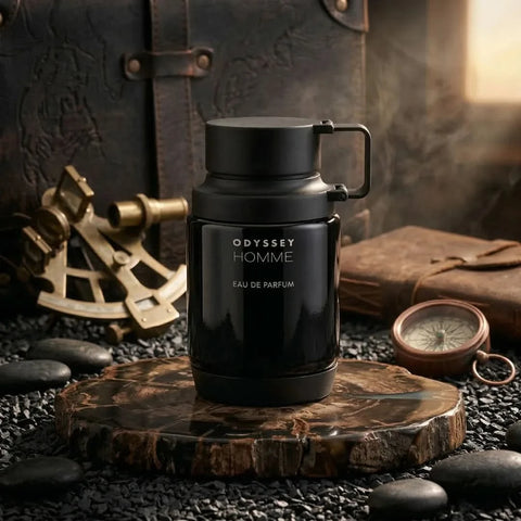 Odyssey Homme Black Eau de Parfum spray by Armaf, 200ml bottle, sleek black packaging, designed for men.