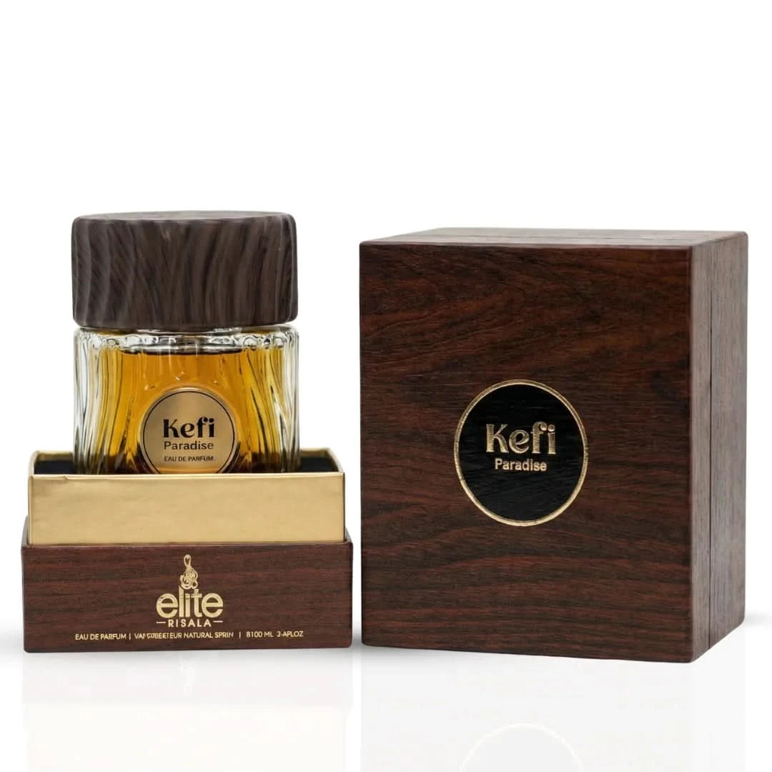 Elite Risala Kefi Paradise Eau de Parfum spray 100ml bottle, elegant design, showcasing the luxurious perfume packaging.