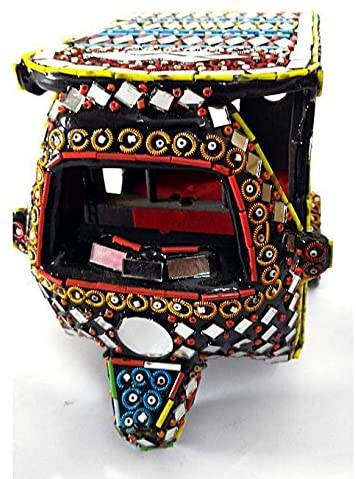 Decorative Miniature Rickshaw Mirror Beads Handmade Pakistan Art (6 inch) - Intense oud
