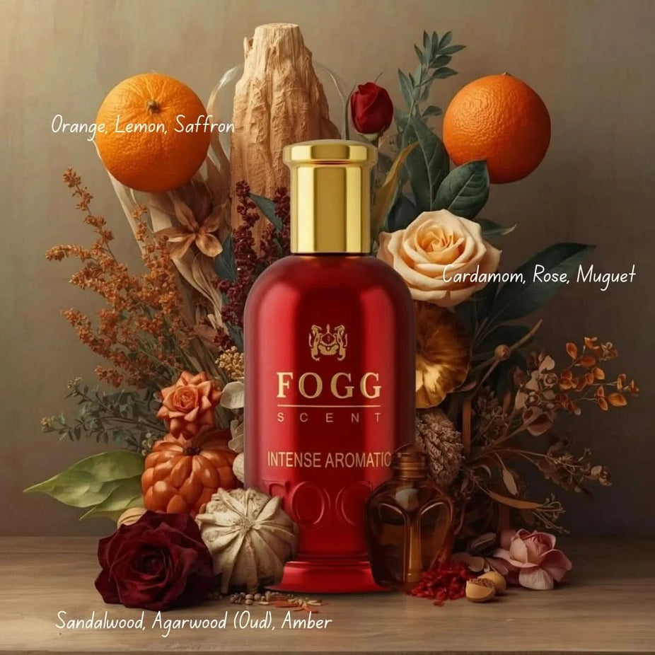 Fogg Intense Aromatic Men Eau de Parfum spray bottle, 100ml, showcasing sleek packaging and branding.